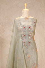 Slate Grey Organza Silk Salwar Suit with Floral Hand Embroidery