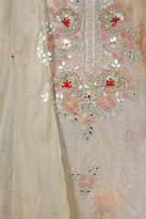 Slate Grey Organza Silk Salwar Suit with Floral Hand Embroidery