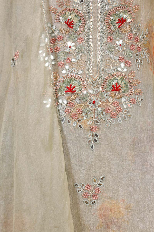 Slate Grey Organza Silk Salwar Suit with Floral Hand Embroidery