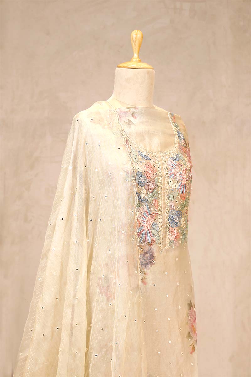 Beige Tissue Silk Salwar Suit with Floral Hand Embroidery