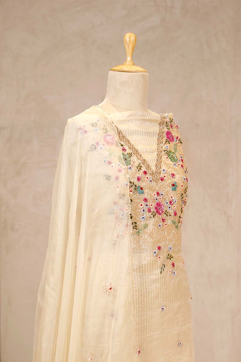 Ivory White Tissue Salwar Suit with Mirror Work