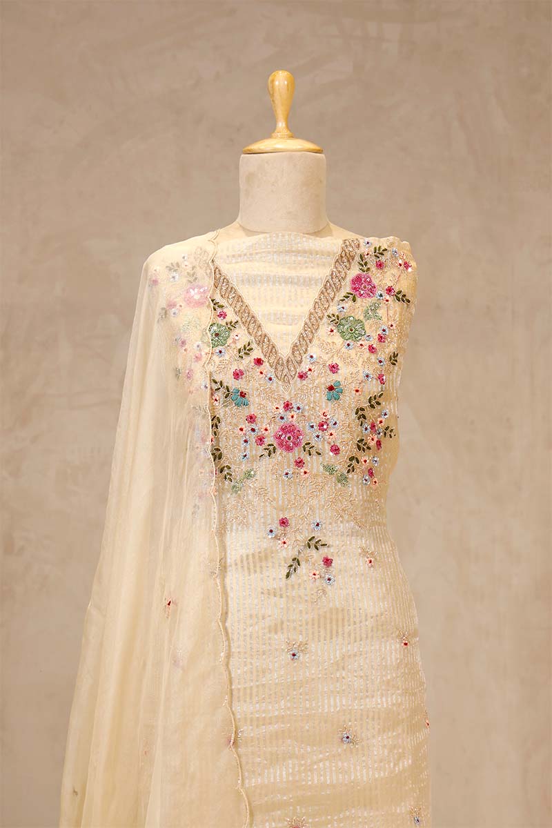 Ivory White Tissue Salwar Suit with Mirror Work