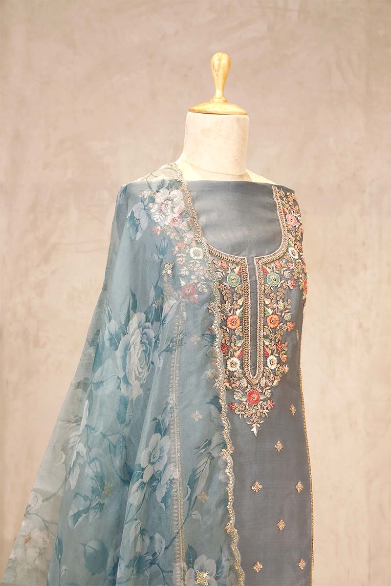 Blue Sage Organza Silk Salwar Suit with Hand Embroidery