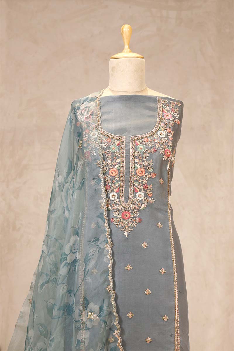 Blue Sage Organza Silk Salwar Suit with Hand Embroidery