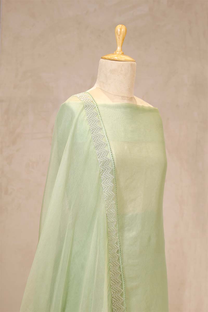 Pistachio Green Organza Silk Salwar Suit with Mayur Motif Dupatta