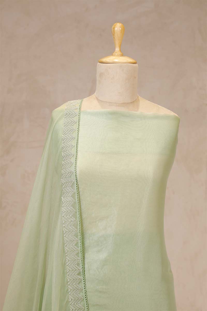 Pistachio Green Organza Silk Salwar Suit with Mayur Motif Dupatta