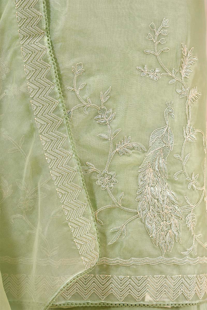 Pistachio Green Organza Silk Salwar Suit with Mayur Motif Dupatta