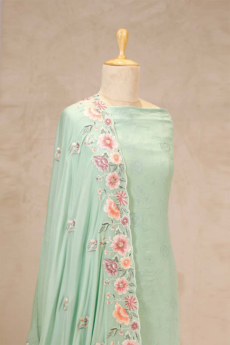 Powder Blue Crepe Silk Salwar Suit with Floral Jaal Dupatta