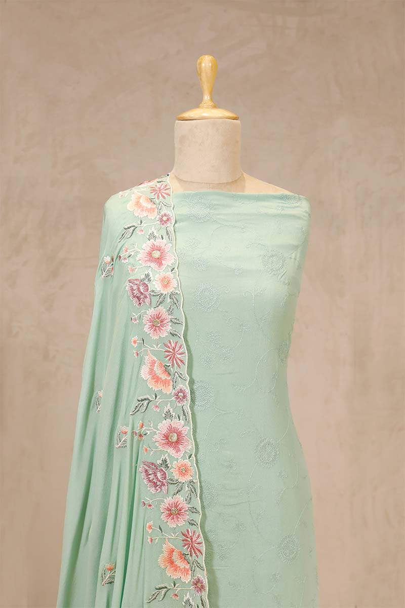 Powder Blue Crepe Silk Salwar Suit with Floral Jaal Dupatta