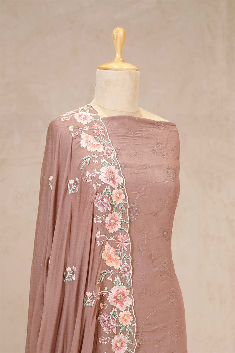 Rust Crepe Silk Salwar Suit with Floral Jaal Dupatta