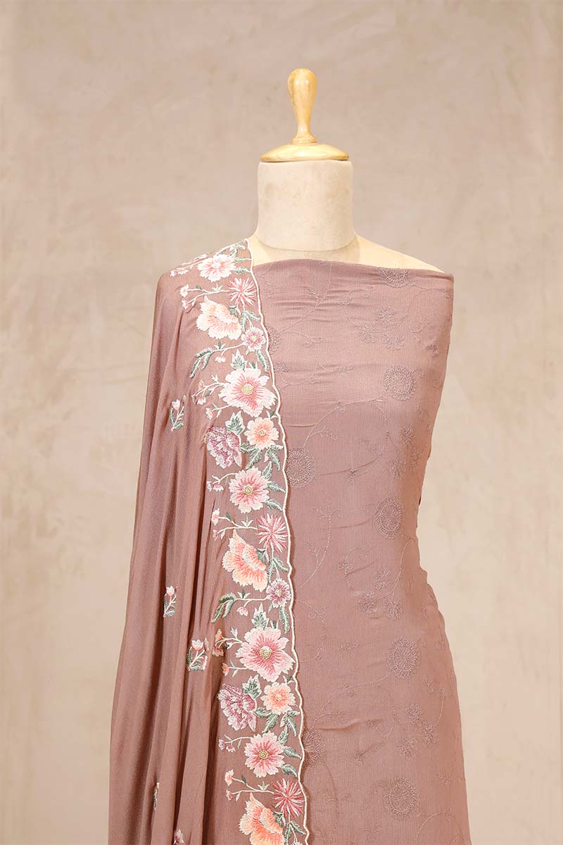 Rust Crepe Silk Salwar Suit with Floral Jaal Dupatta