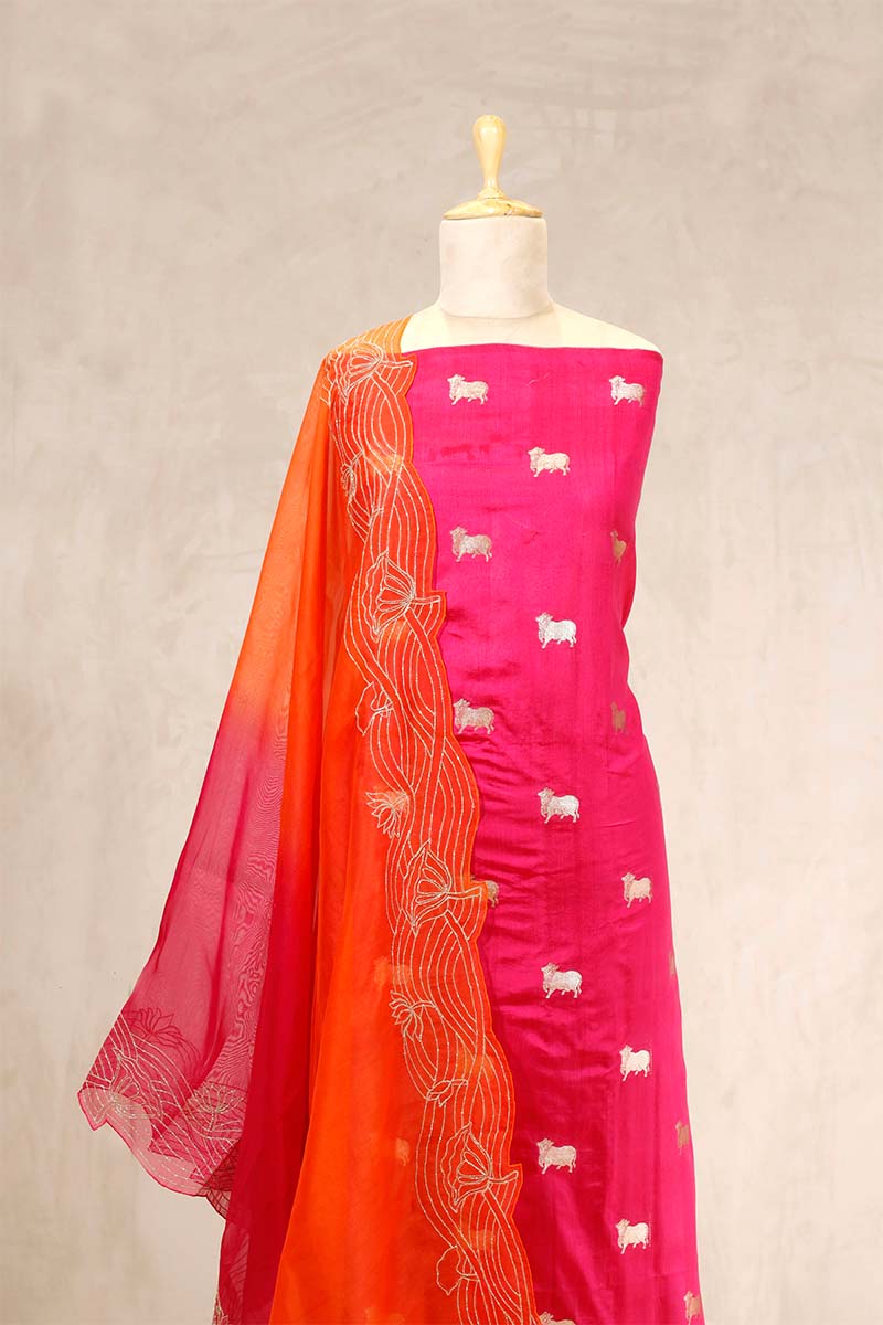 Magenta Pink Chiniya Silk Salwar Suit with Pichwai Motifs