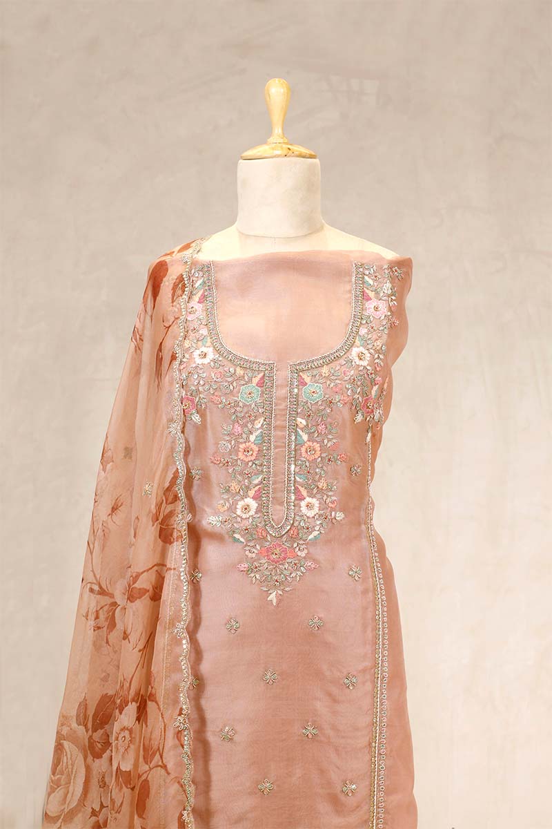 Peach Organza Silk Salwar Suit with Hand Embroidery