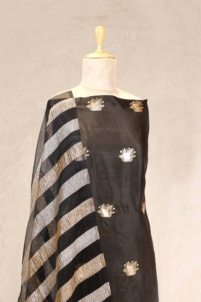 Black Chiniya Silk Salwar Suit with Tiger Motifs and Tissue Dupatta