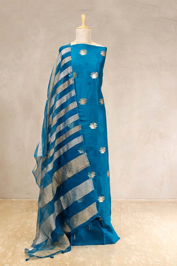 Blue Chiniya Silk Salwar Suit with Tiger Motifs and Tissue Dupatta