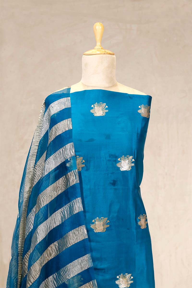 Blue Chiniya Silk Salwar Suit with Tiger Motifs and Tissue Dupatta