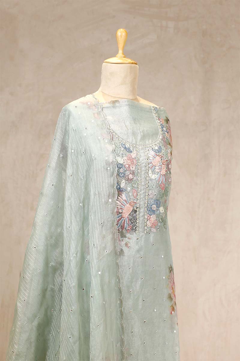 Powder Blue Tissue Silk Salwar Suit with Floral Hand Embroidery