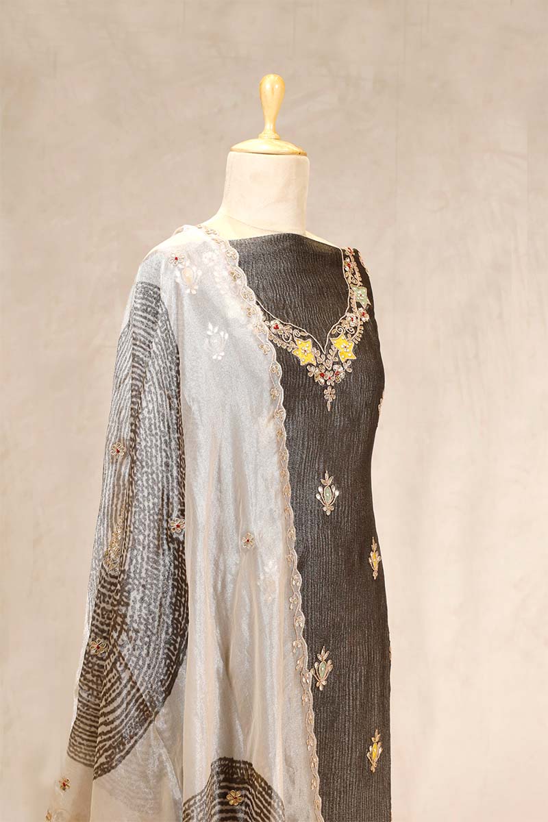 Grey Tissue Silk Salwar Suit with Floral Motifs