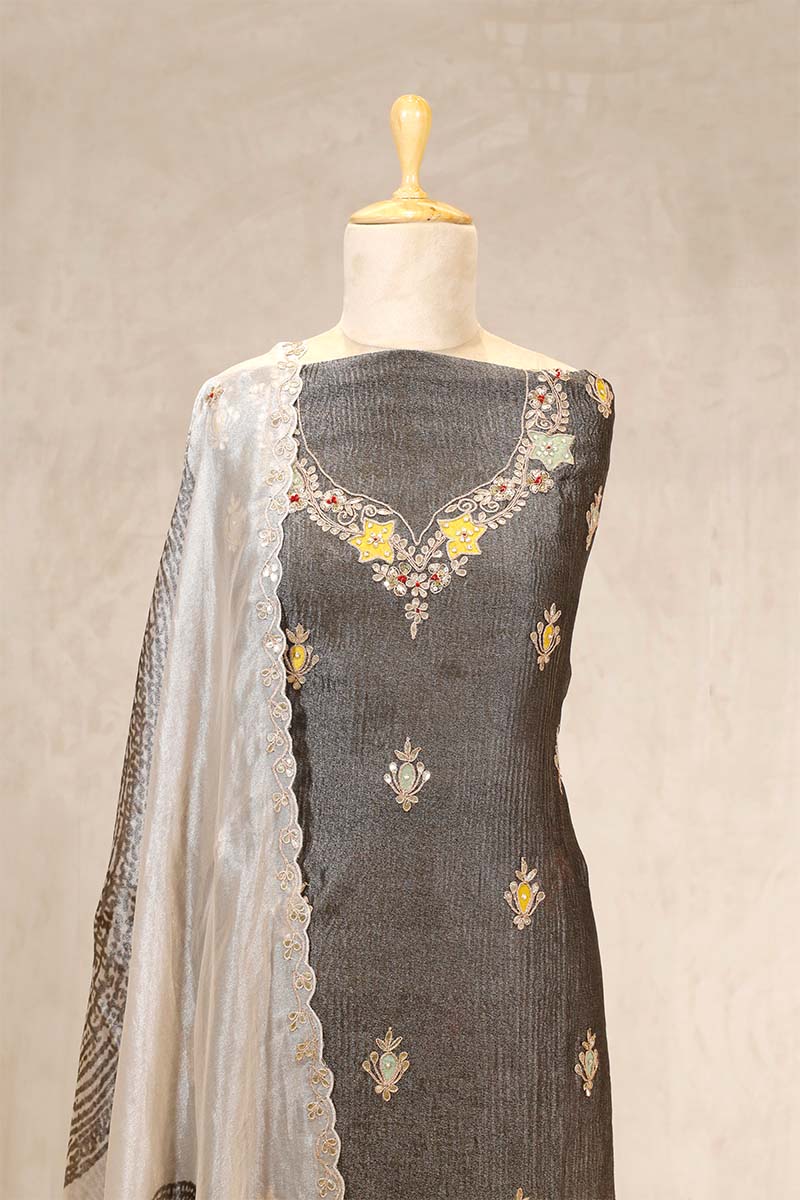 Grey Tissue Silk Salwar Suit with Floral Motifs