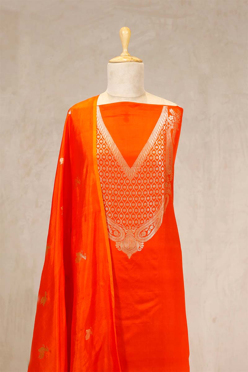 Tangerine Orange Katan Silk Salwar Suit with Bird Motif Dupatta