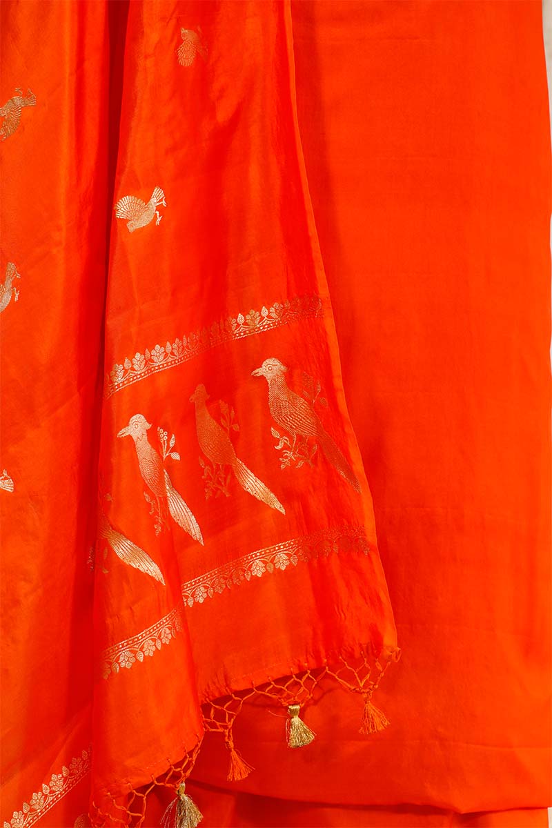 Tangerine Orange Katan Silk Salwar Suit with Bird Motif Dupatta