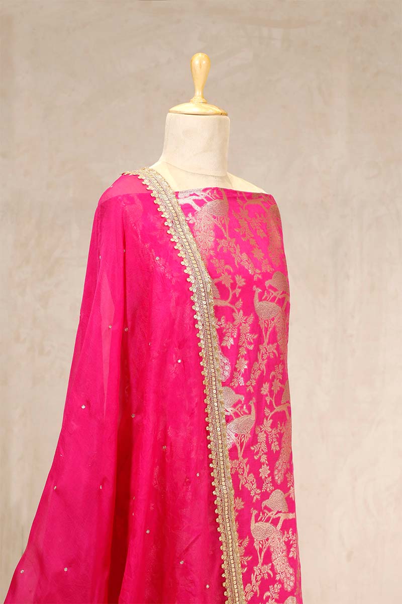 Pink Satin Silk Salwar Suit Set with Gold Zari Pakshi Motifs