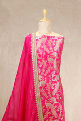 Pink Satin Silk Salwar Suit Set with Gold Zari Pakshi Motifs