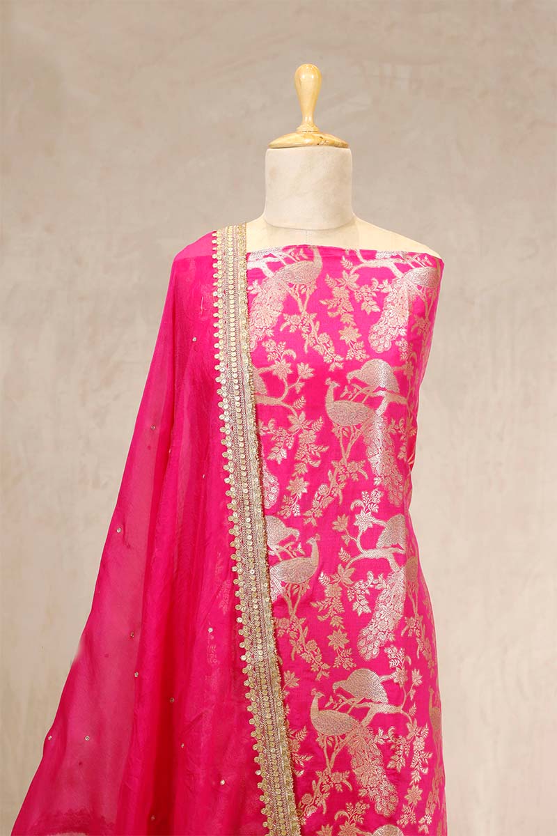 Pink Satin Silk Salwar Suit Set with Gold Zari Pakshi Motifs