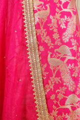 Pink Satin Silk Salwar Suit Set with Gold Zari Pakshi Motifs