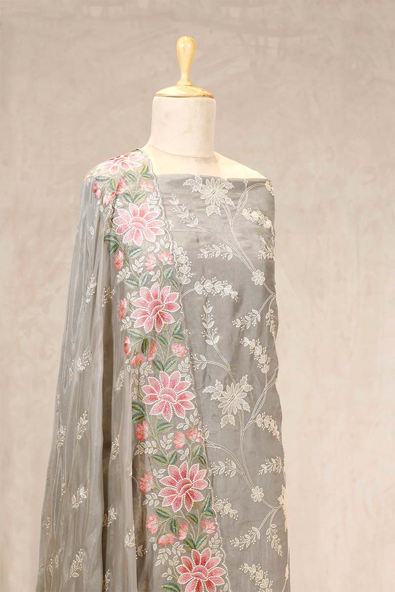 Grey Organza Silk Salwar Suit with Resham Floral Embroidery