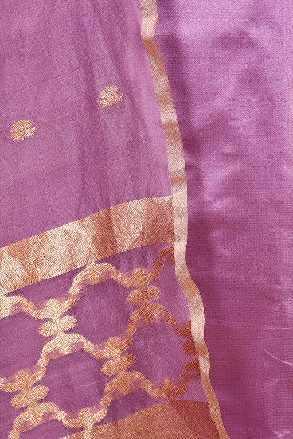 Lilac Banarasi Satin Silk Suit Set with Organza Dupatta