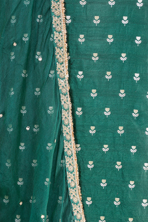 Bottle Green Chiniya Silk Women Suit Set with Floral Motifs