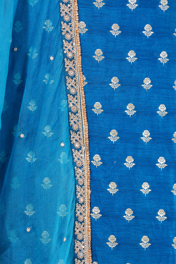 Cobal Blue Chiniya Silk Women Suit Set with Floral Motifs