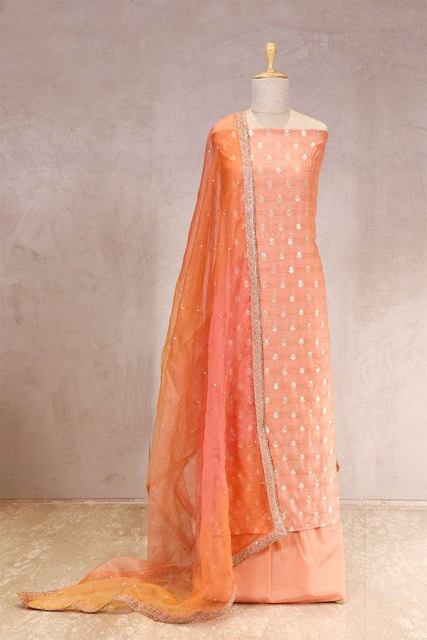 Peach Chiniya Silk Women Suit Set with Floral Motifs