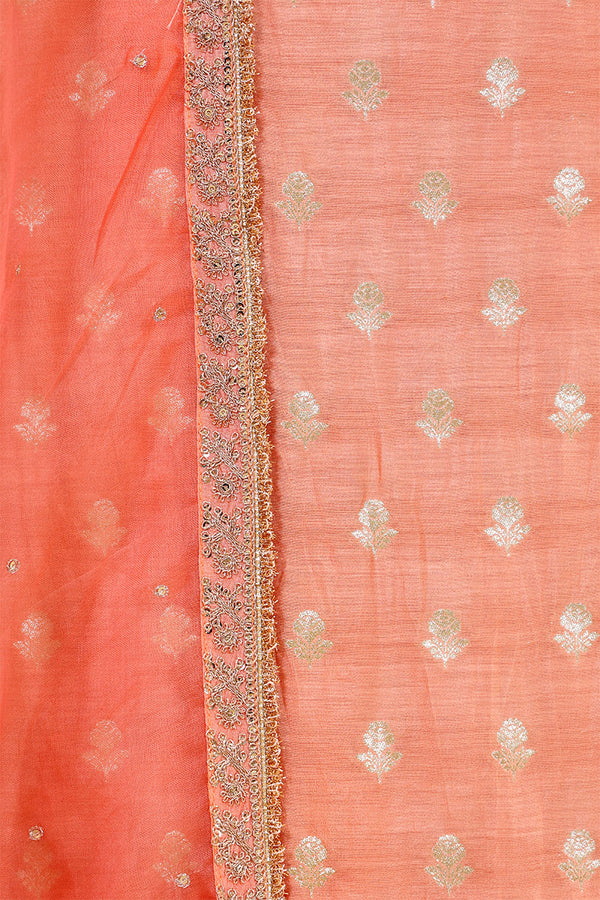 Peach Chiniya Silk Women Suit Set with Floral Motifs