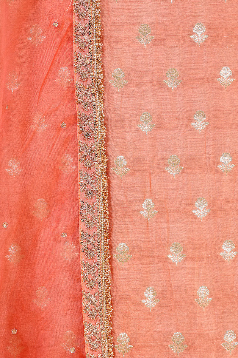 Peach Chiniya Silk Women Suit Set with Floral Motifs