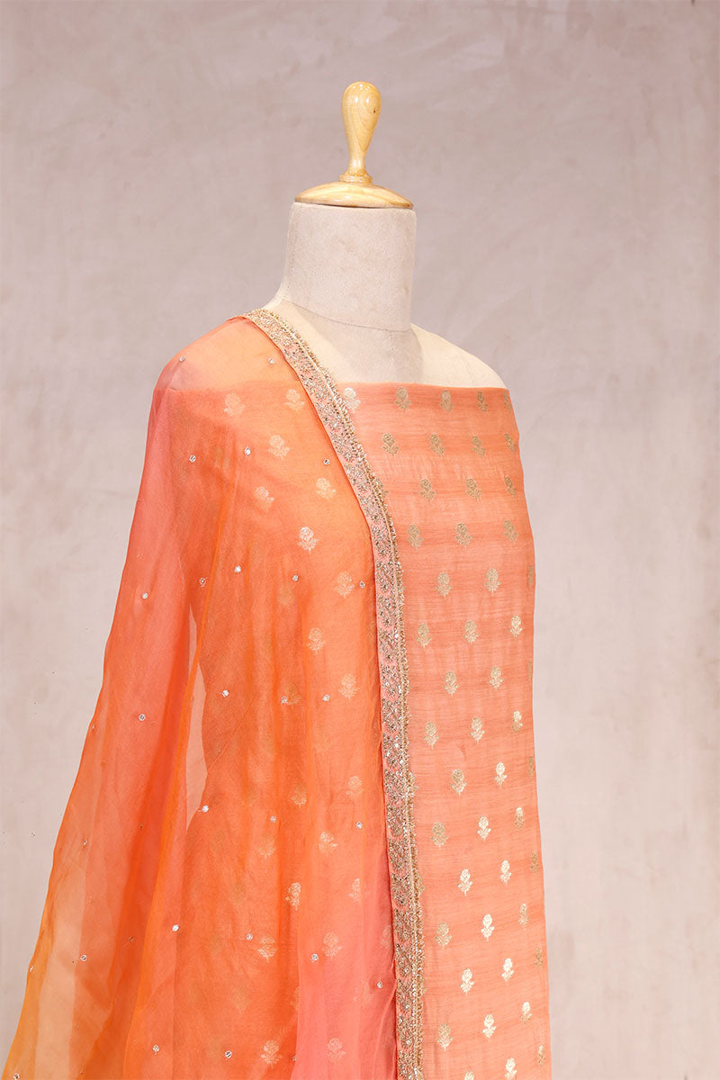 Peach Chiniya Silk Women Suit Set with Floral Motifs