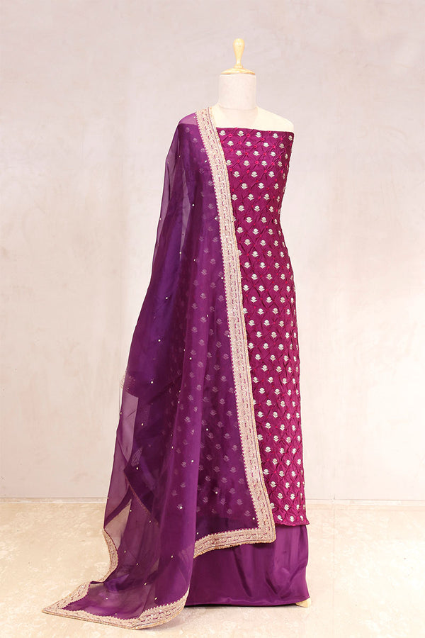 Purple Banarasi Chiniya Silk Suit Set with Bandhani Print