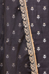 Black Chiniya Silk Women Suit Set with Floral Motifs