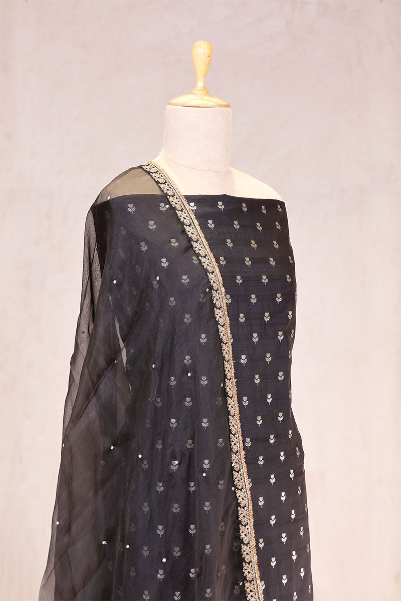 Black Chiniya Silk Women Suit Set with Floral Motifs