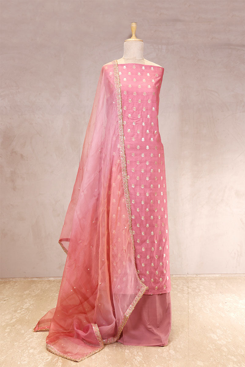 Pink Chiniya Silk Women Suit Set with Floral Motifs