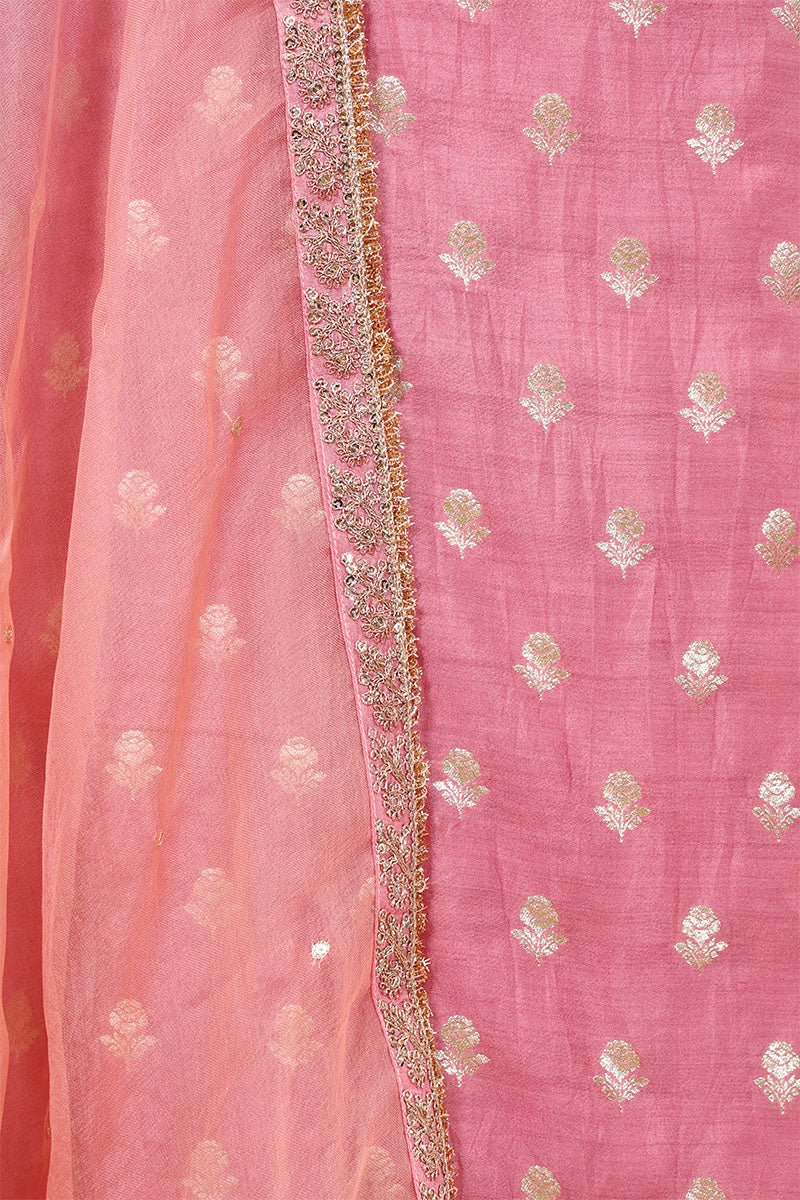 Pink Chiniya Silk Women Suit Set with Floral Motifs