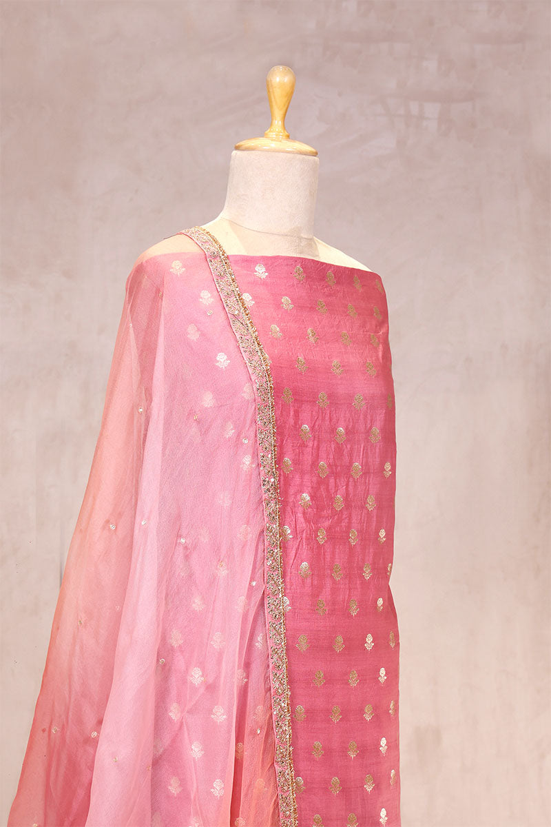 Pink Chiniya Silk Women Suit Set with Floral Motifs