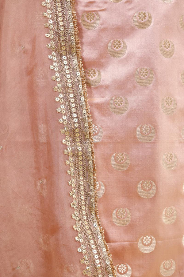 Peach Satin Silk Suit Piece with Embellished Organza Dupatta