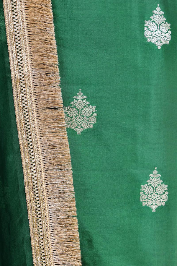 Bottle Green Chiniya Silk Suit Set with Gayatri Mantra Dupatta