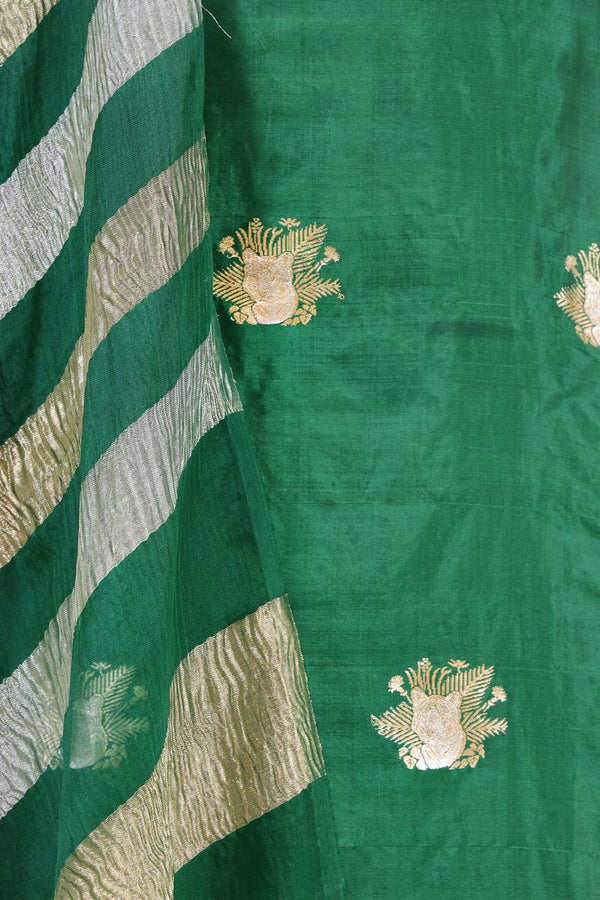 Green Chiniya Silk Salwar Suit with Tiger Motifs and Tissue Dupatta