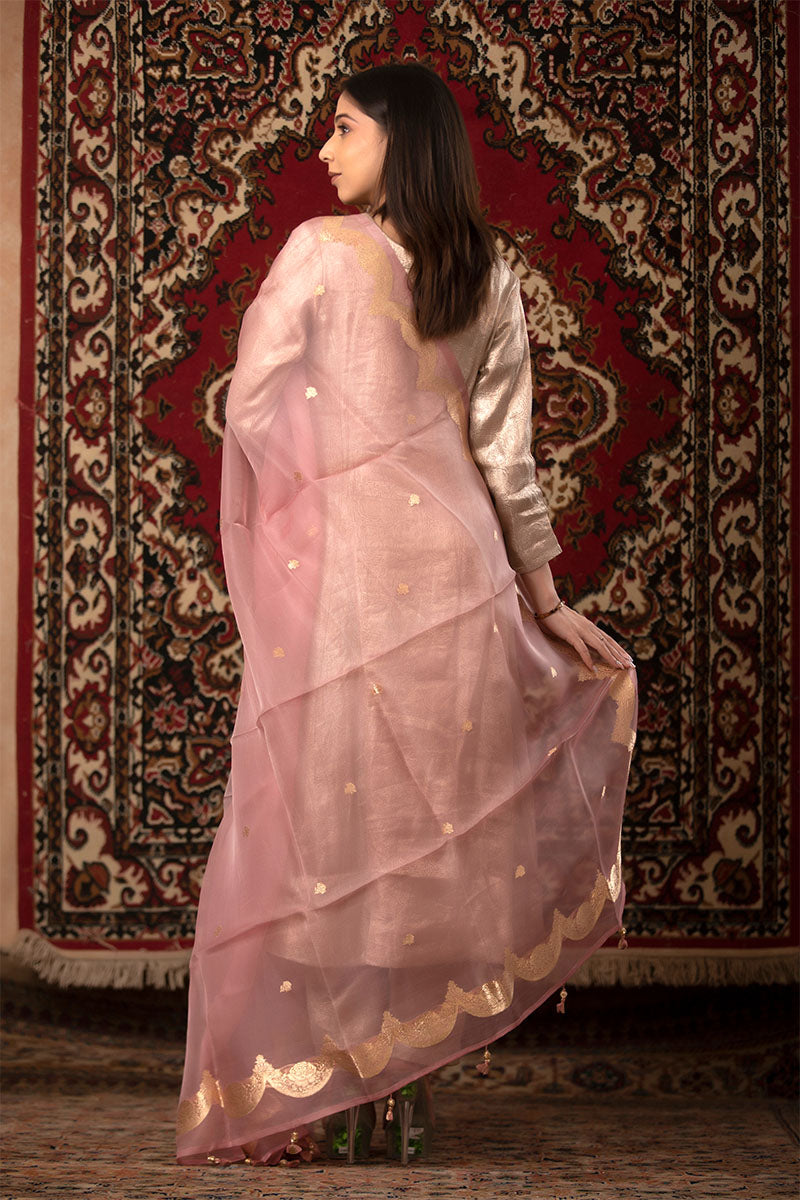 Peach Handwoven Organza Silk Dupatta