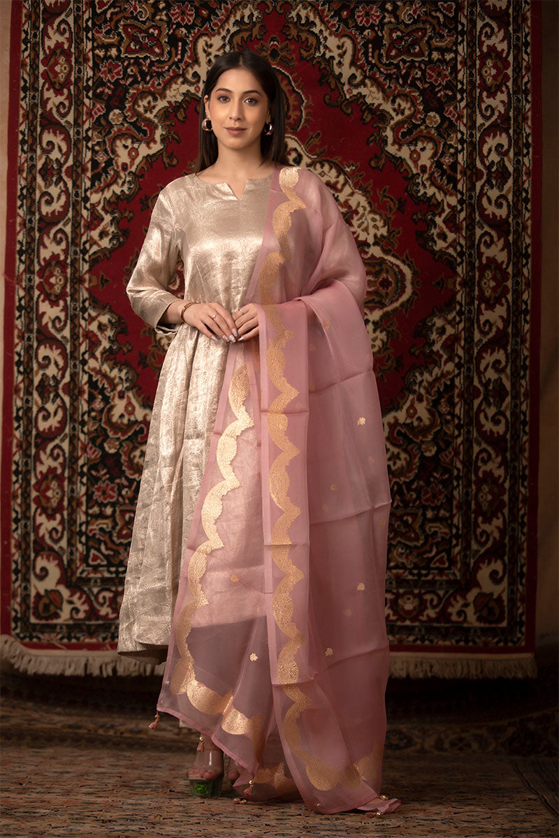 Peach Handwoven Organza Silk Dupatta