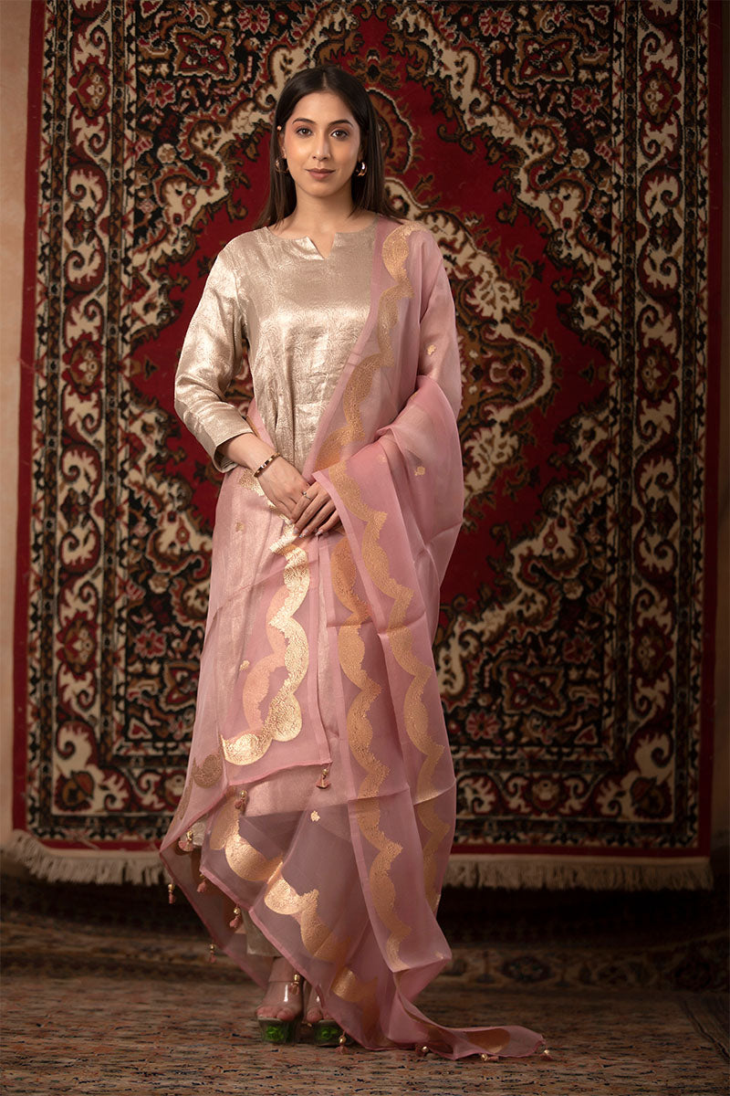 Peach Handwoven Organza Silk Dupatta