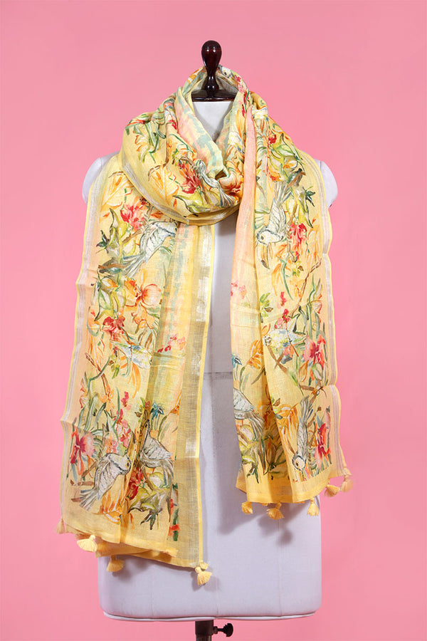 Buy Yellow Printed Linen Dupatta Online